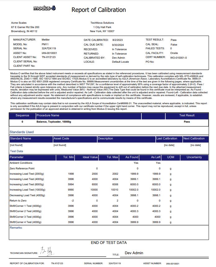 calibration certificate